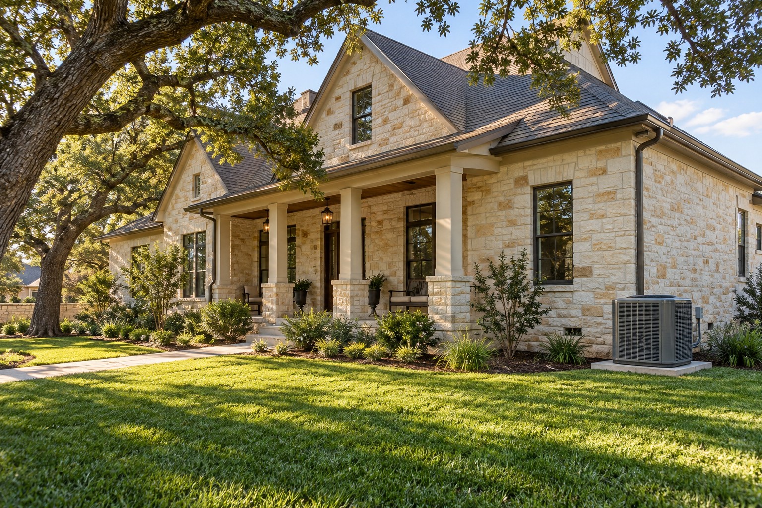 Sunlit Texas stone home with an outdoor air conditioning system